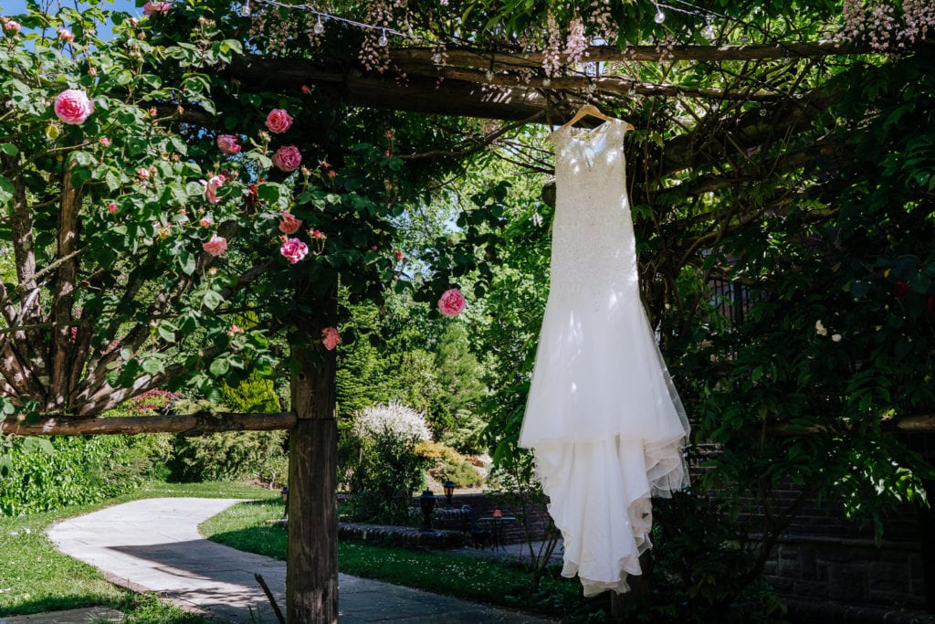 beautiful wedding dress outside in Ravenswood Wedding venue